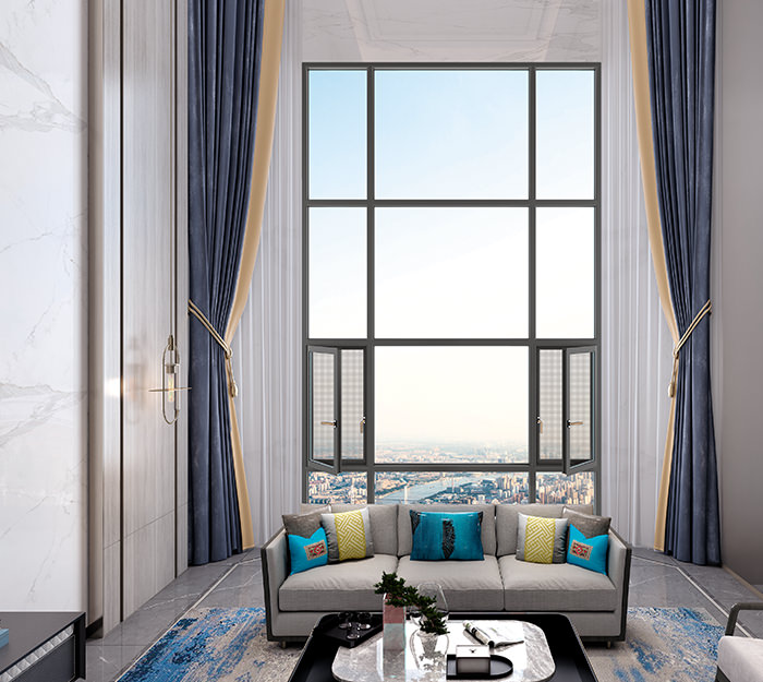 佛山鈺煌門窗有限公司_平開門窗系列_T1.6 DPS120-35隱排雙斷橋內(nèi)開防護欄一體化開啟窗紗一體