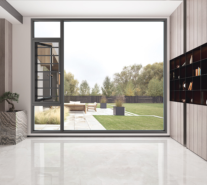 佛山鈺煌門窗有限公司_平開門窗系列_T1.6 DPS108-35隱排一體擋邊防護欄可開啟斷橋窗紗一體